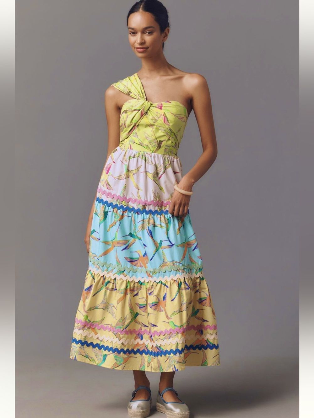 NEW. Farm Rio Anthropologie One Shoulder Tiered Midi Dress. NWT
